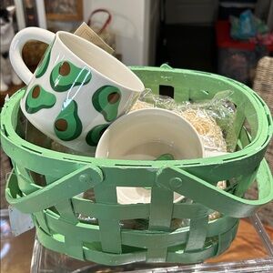 World Market Gift Basket Kit with Raffia and Tag & Two Ceramic Avocado Mugs NWT